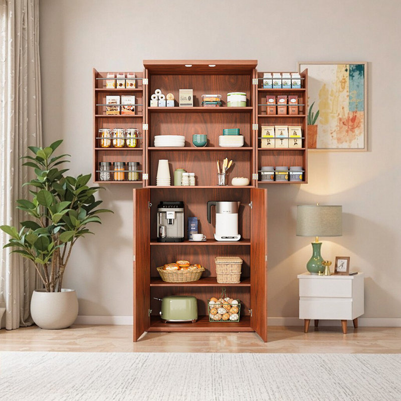 Grand garde-manger cannelé moderne en noyer avec portes - hauteur 72 po, largeur 30 po, 6 tablettes et rangement pour la cuisine et la salle à manger