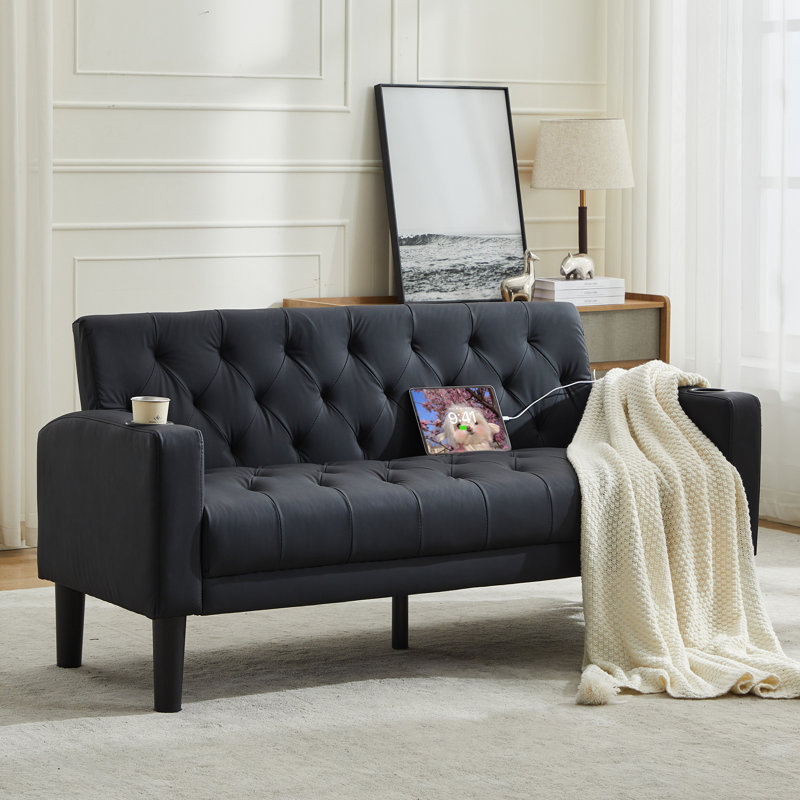 Sofa Seats Modern Style Comfy Small Sofa with Pocket Storage 2 USB 2 Cup Holders Upholstered Couch for Living Room Bedroom Office