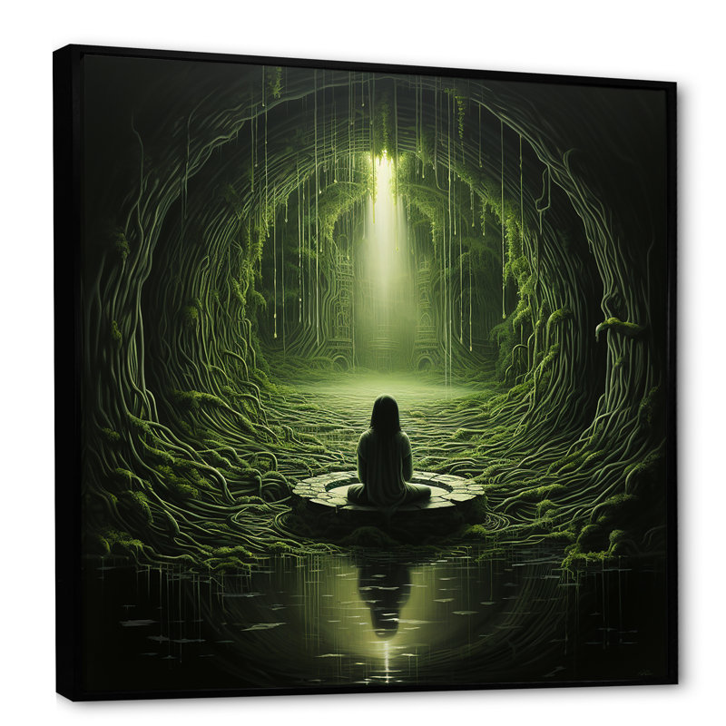Vert intérieur sanctuaire méditation - impression, Cadre flottant noir, H 36 po x l 36 po x P 1,5 po