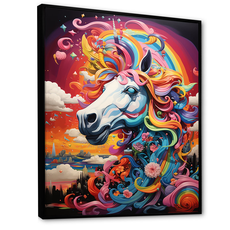Coloré, arc-en-ciel, fantaisie, licorne - art mural licorne, Cadre flottant noir, H 44 po x l 34 po x P 1,5 po