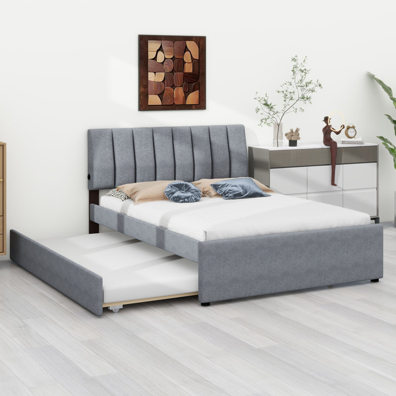 Lit plateforme tapissier avec lit gigogne, gris