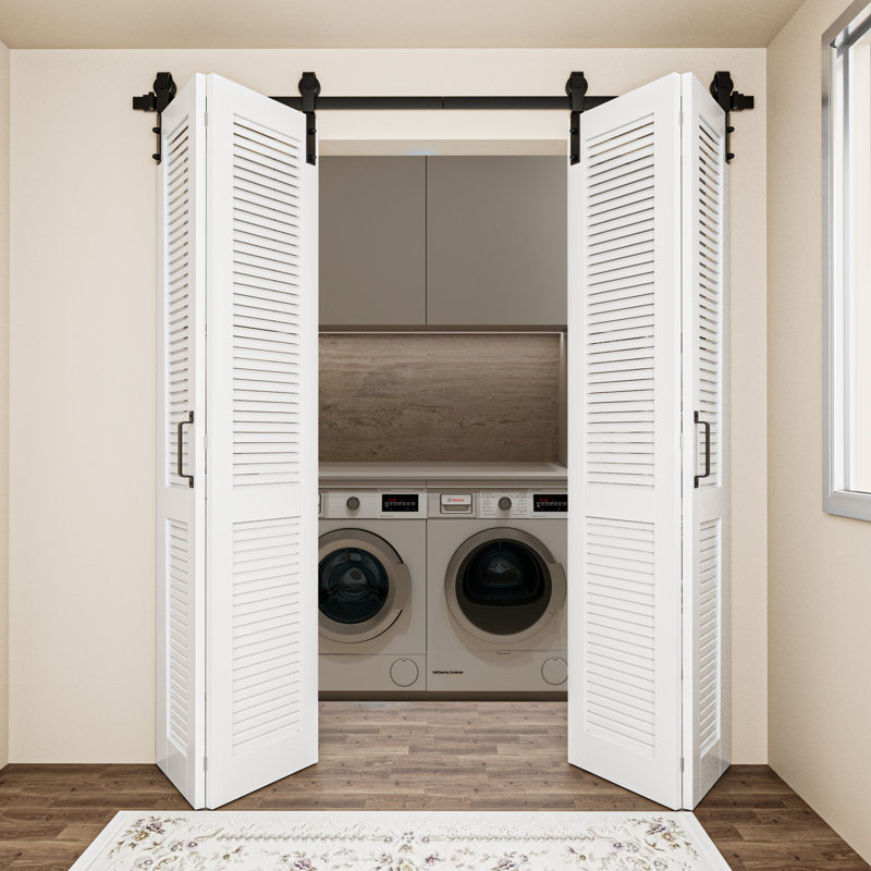 84'' Solid Manufactured Wood Louvered - primed with Installation Hardware Kit Bi Fold Barn Door, 80” x 84"