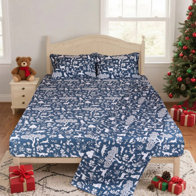 Gogreen 100% Cotton Christmas Printed 4PC Deep Pocket Queen Sheet Set Fit 16", Breathable Super Soft Queen Size Sheet Set, Luxury Hotel Style Home Decor Queen Bed Sheet Set, Gift For Women, Men