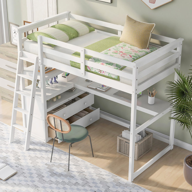 Lit mezzanine simple avec bureau et tablettes, deux tiroirs intégrés
