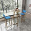 Ensemble trois pièces de table de bar et chaises / structure dorée / coussins de siège et de dossier en éponge / table de bar avec fonction de rangement (doré + plateau brun + coussin bleu)