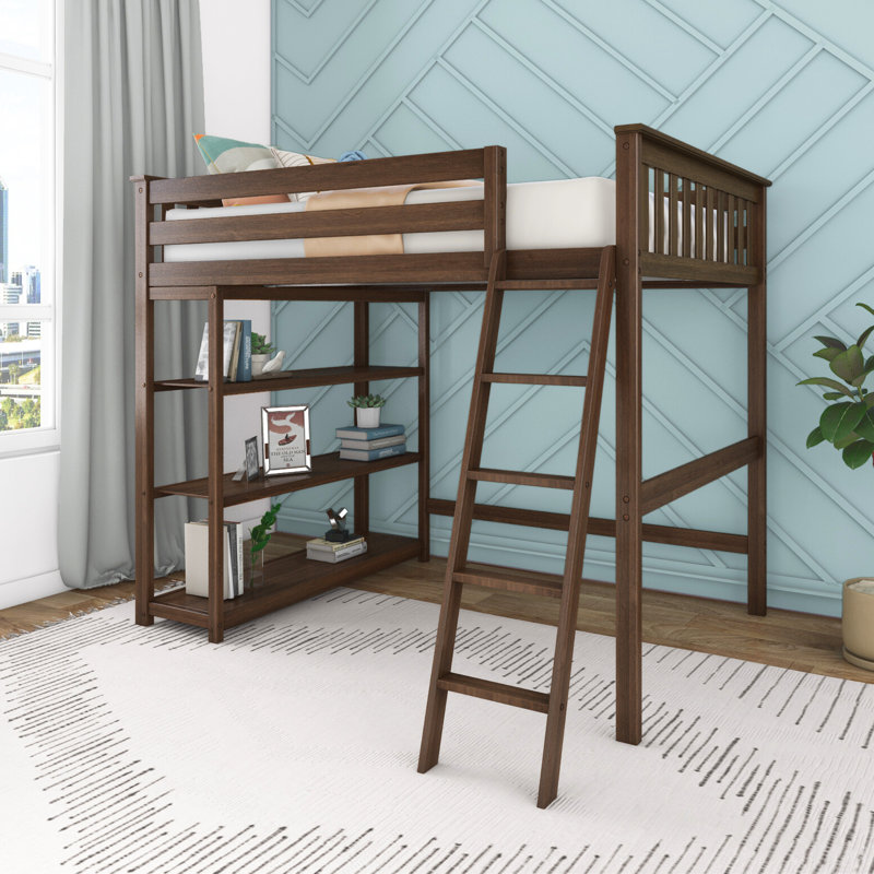  Eulalio Full Solid Wood Loft Bed with Bookcase and Shelves, Walnut