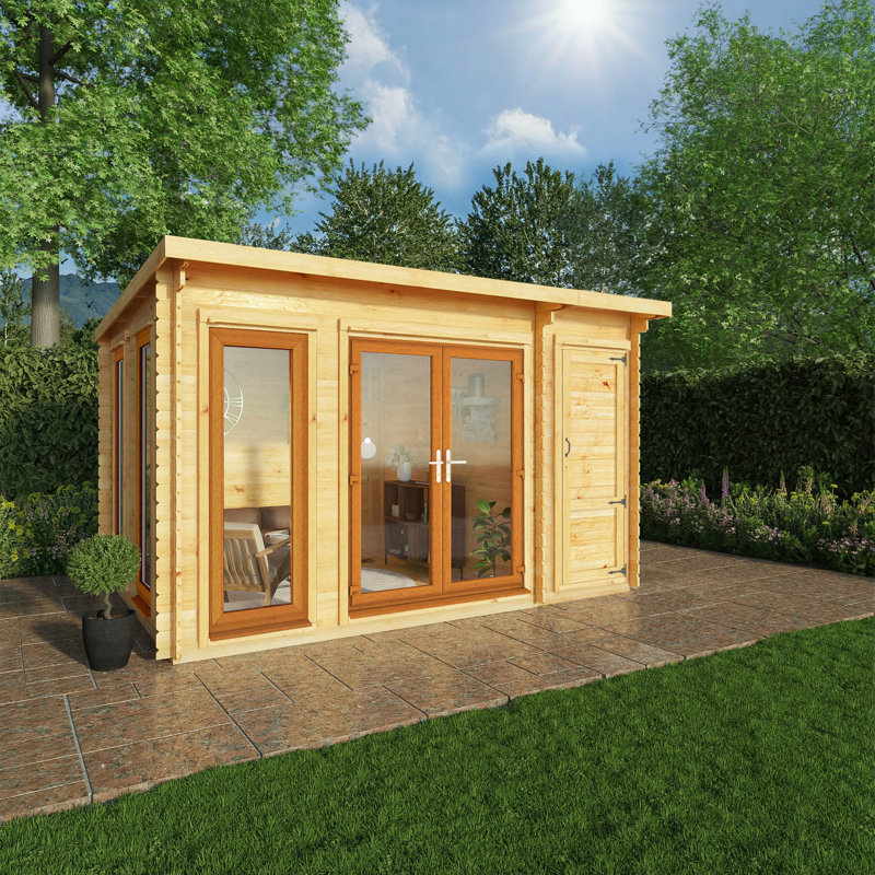 13ft x 10ft Studio Pent Log Cabin With Side Shed UPVC Windows & Doors (44mm), Oak/Natural Timber