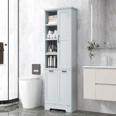Bathroom Storage Cabinet With Doors And Drawers, Tilt-Out Laundry Hamper, Multiple Storage Space, Freestanding Style, Open Shelve, Adjustable Shelf, Gray