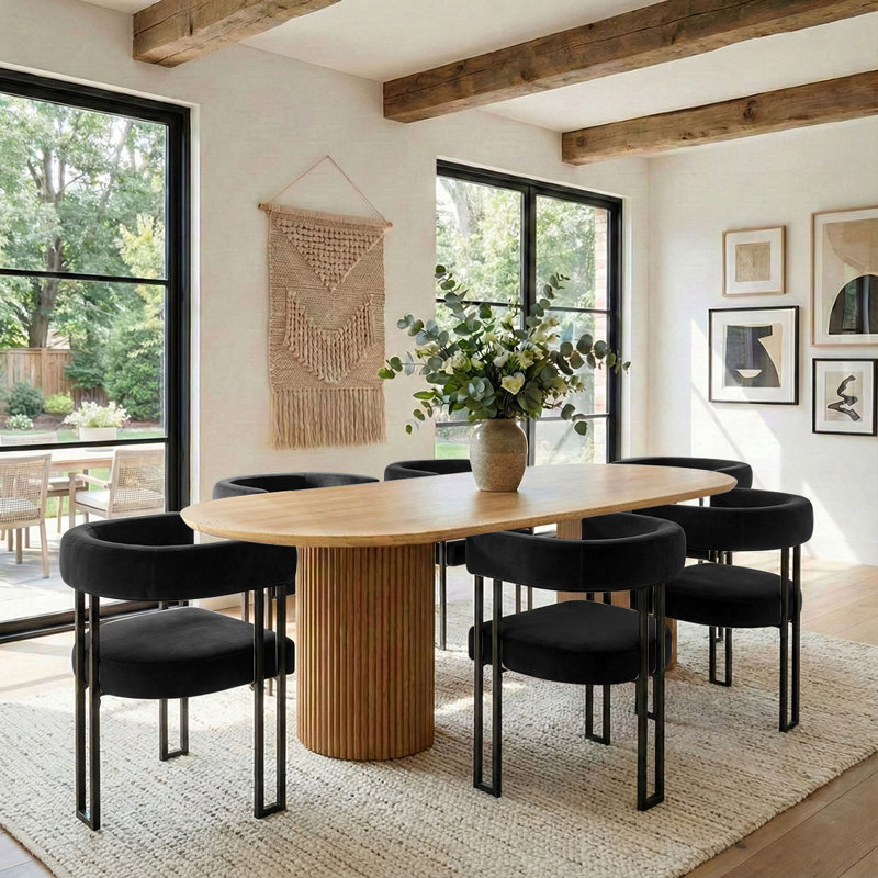 6 - Person Dining Table Sets With Oval Table & 6 Upholstered Velvet Chairs, Black, Oak