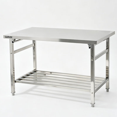 Stainless Steel Straight Edge Square Leg Folding Table, Heavy Duty 48x24x32 inch with Lower Shelf, Industrial Workbench, 0.8mm Thick