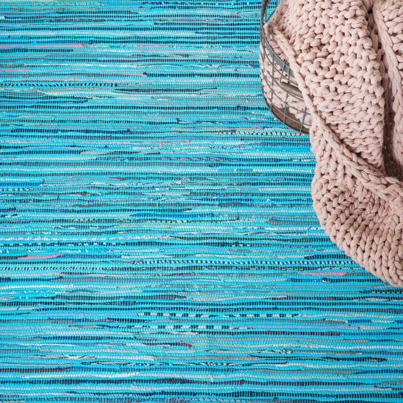 Tapis turquoise en coton tissé à plat à la main Nerys, Tapis de couloir 2 pi 3 po x 10 pi