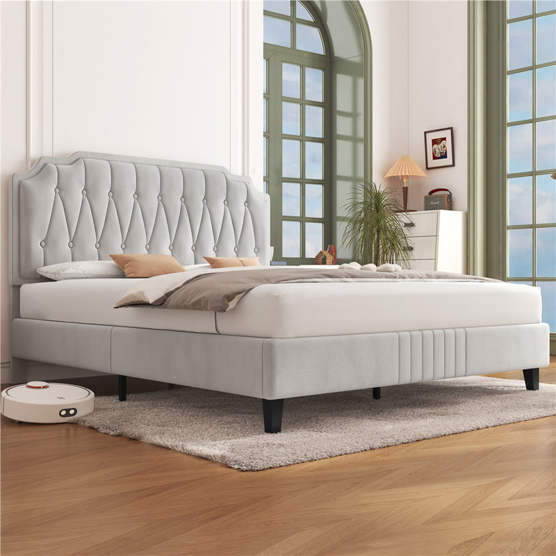 Upholstered Bed Frame with with Diamond Button-Tufted Headboard, Beige, King