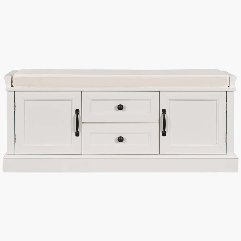 Storage Bench With 2 Drawers And 2 Cabinets, Shoe Bench With Removable Cushion For Living Room, Entryway, White