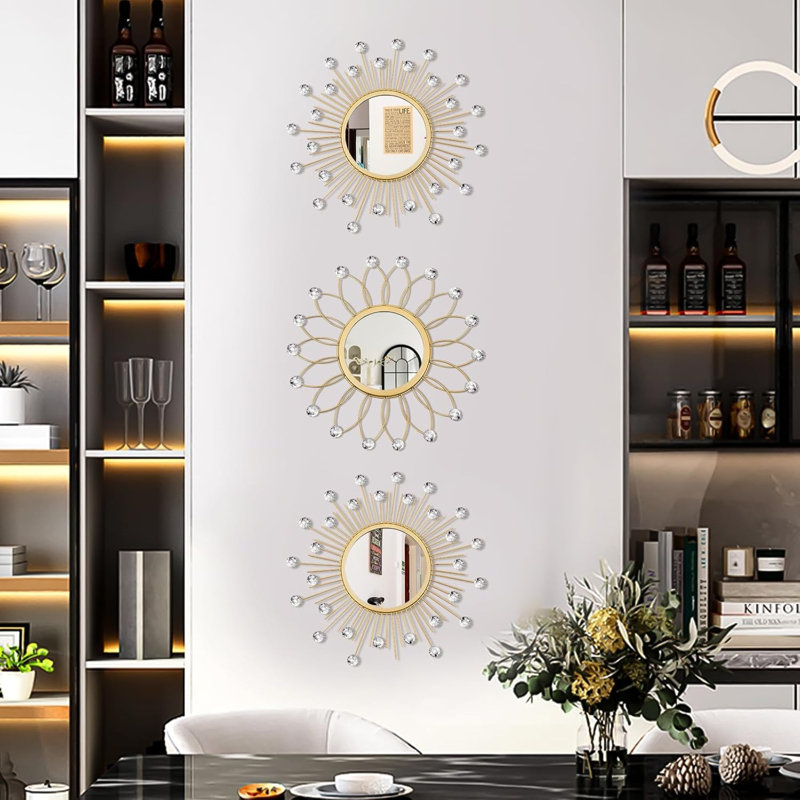 Flower & Sunburst Wall Mirrors Set Of 3 - Gold Crystal