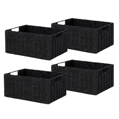 Ensemble de 4 paniers de rangement écologiques en corde de papier tissé - Organisateurs rectangulaires pliables noirs avec poignées - Rangement ouvert peu encombrant pour la maison, les tablettes, la salle de bain et le salon
