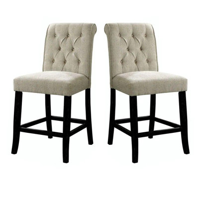 Dining Room Furniture Rustic Style Set Of 2 Counter Height Chairs Beige Chenille Fabric Upholstered Tufted Kitchen Breakfast