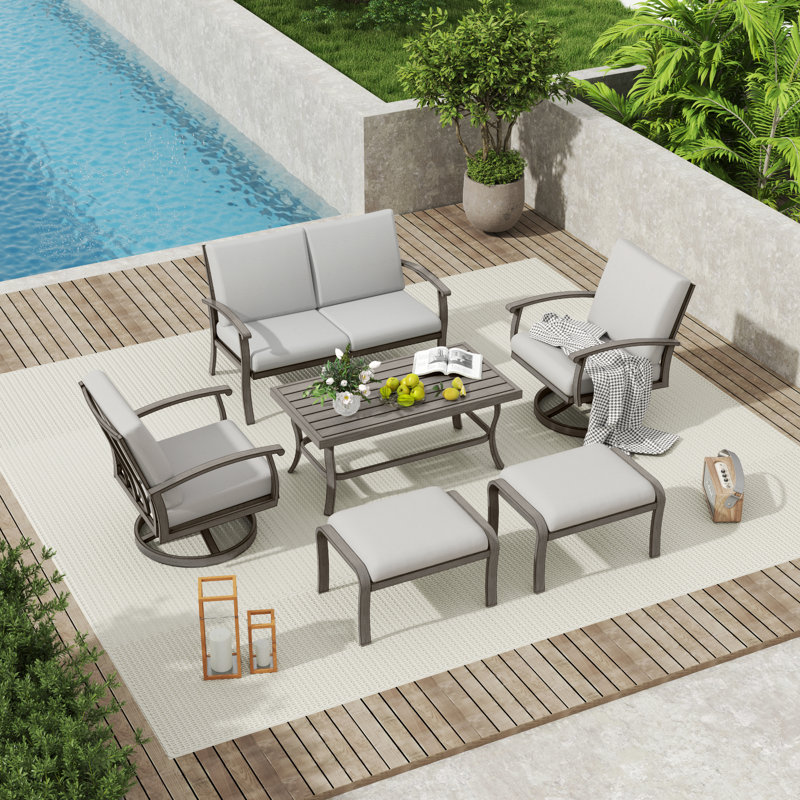 6-Piece Aluminum Patio Conversation Set With Coffee Table, Ottomans And Light Gray Cushions
