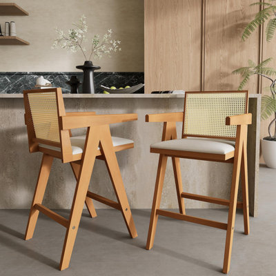 27" Height, Cream Woven Cane Plastic Backrest Bar Stool - Foam-Padded Fabric Seat & Durable Rubberwood Frame