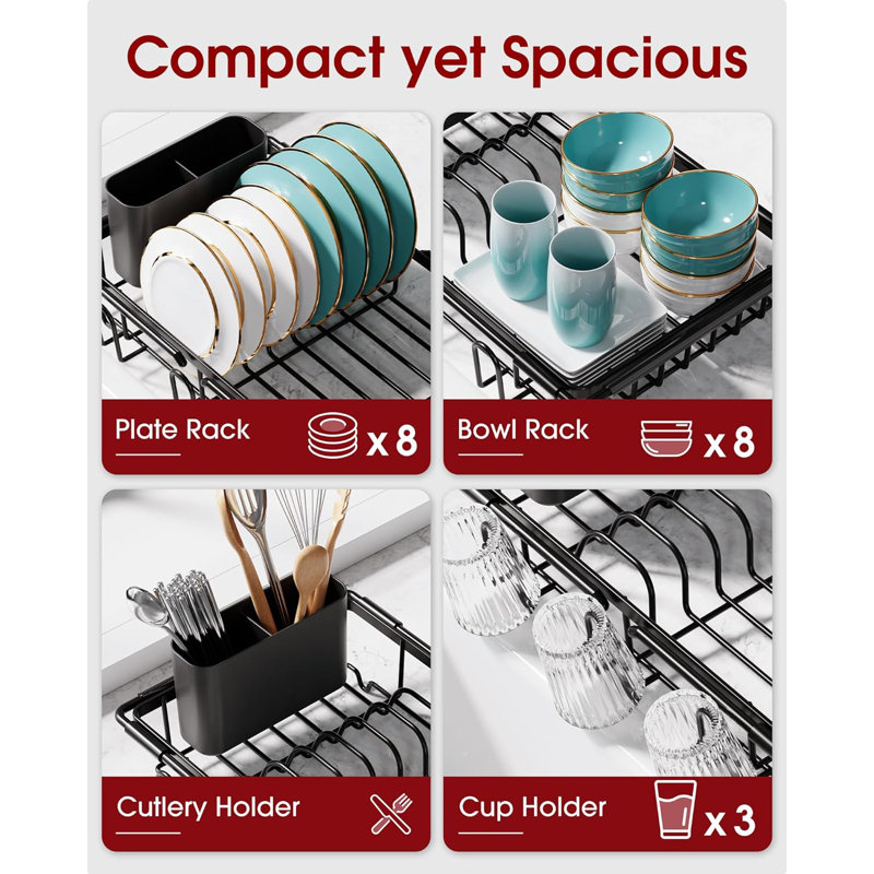 Dish Drying Rack in Sink - Expandable Stainless Steel Dish Rack Over the Sink, Kitchen Sink Drain Strainer with Cutlery Holder & Cup Holders, Black