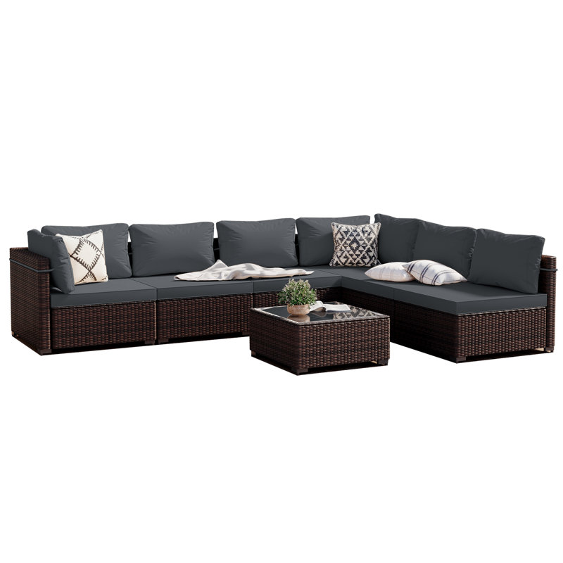 Forksville Wicker 6 - Person Modular Patio Conversation Set with Cushions, Dark Gray Cushion/Brown Frame