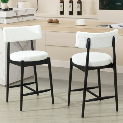 Mid Century Modern Bar Stools, Black And Beige Of 2, Boucle Upholstered, High - Density Foam Cushion, Rubber Wood Legs, For Kitchen Bistro Comfortable Upholstery, Frame, Multiple Dining Areas
