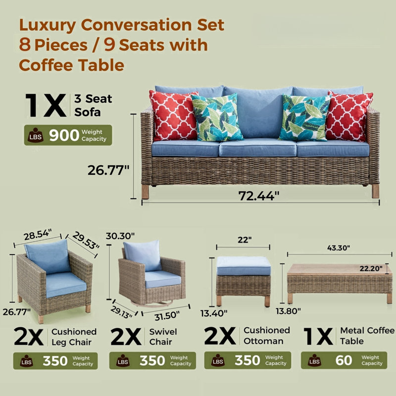 Ensemble de conversation d'extérieur 8 pièces avec chaises pivotantes 8 pièces, Bleu