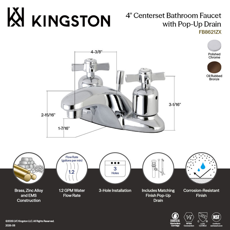 Robinet de salle de bain central à 4 poignées à 3 trous à fixation sur le comptoir à 3 trous Kingston, Bronze huilé