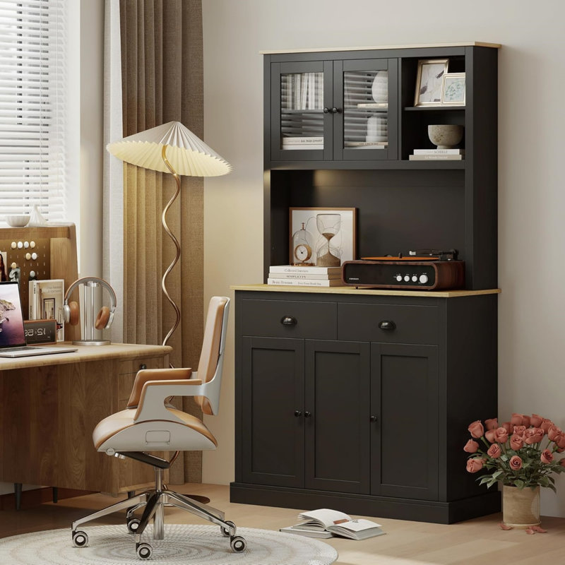 Armoire de rangement verticale en bois avec portes en verre et tablettes réglables, garde-manger moderne et buffet pour salle à manger