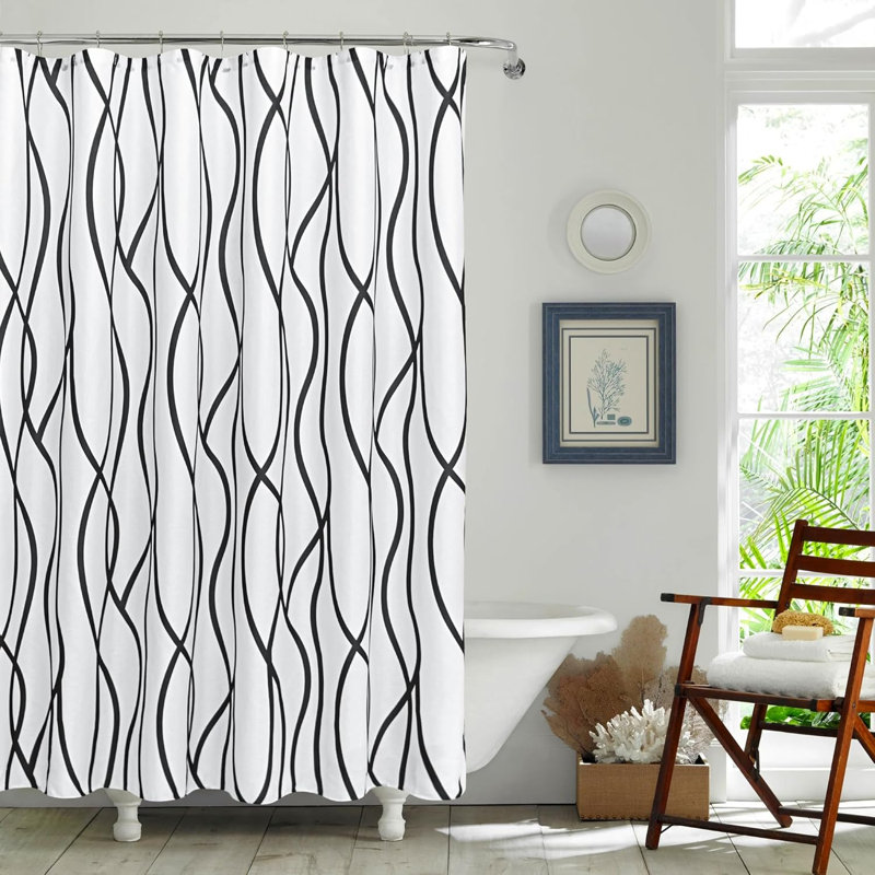 Rideau de douche en polyester imperméable à rayures moderne avec crochets pour salle de bain, 72"H x 72"W, Noir