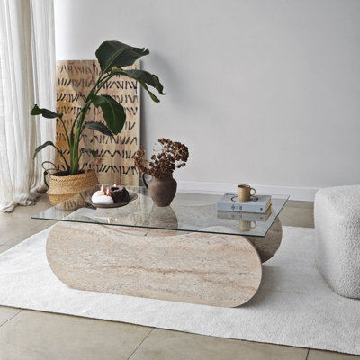 Table basse moderne avec plateau 100% verre trempé, 41,3 po x 13,8 po x 25,6 po | Structure en panneau de particules durable enduit 100% mélamine, bandes de chant en PVC | Travertin élégant et finition transparente, parfait pour les salons