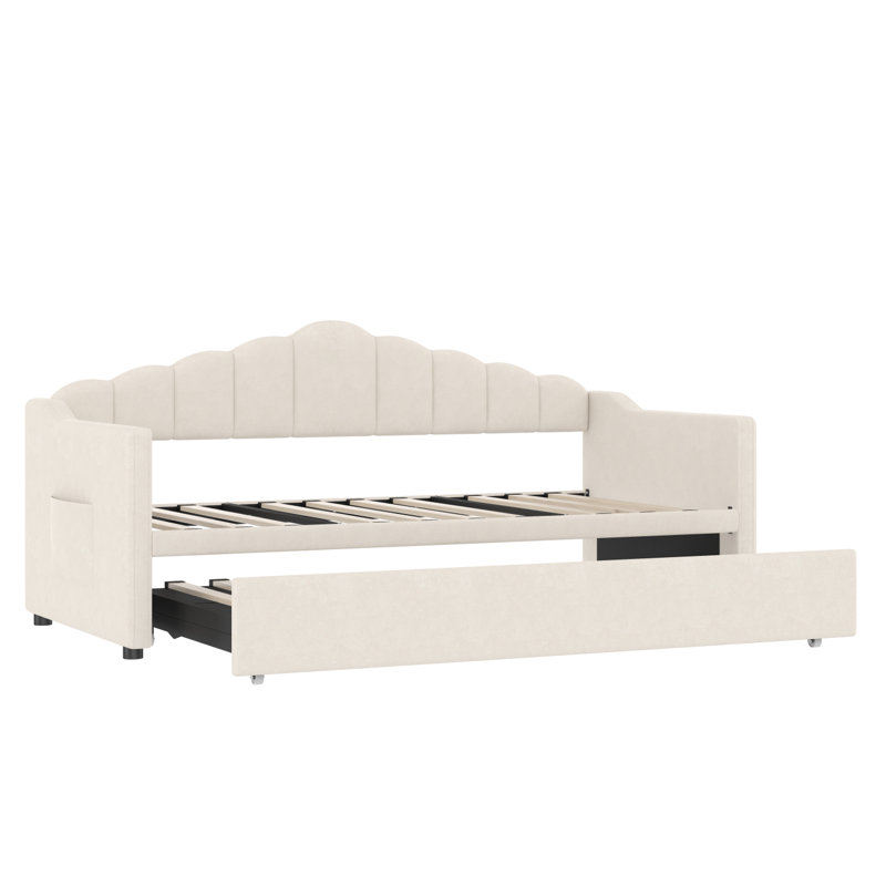 Upholstered Twin Size Daybed With Adjustable Height Pop Up Trundle Twin Bed And USB & Type-C Charging Port, Day Bed Frame With 2 Side Pockets, No Box-Spring Needed