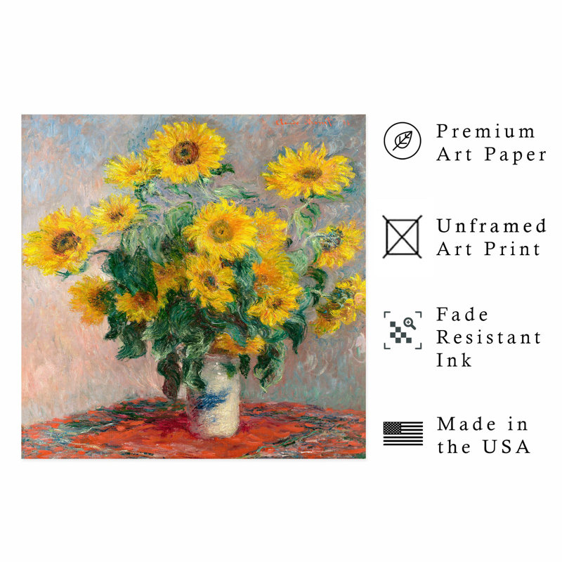 Floral de Claude Monet - Bouquet de tournesols, reproduction d'art classique sans cadre, H 14 po x l 14 po