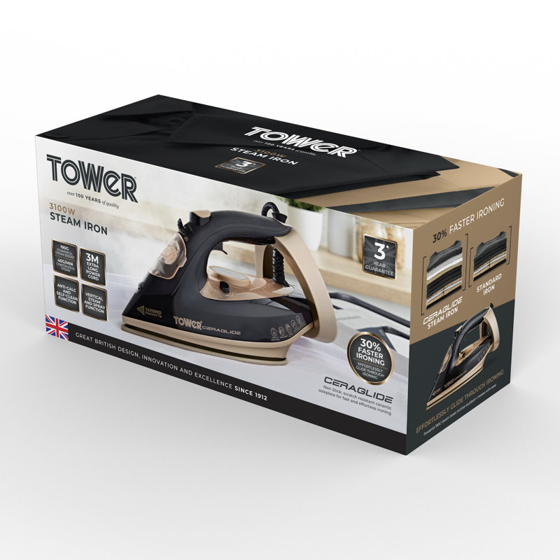 Tower T22021GLD Ceraglide Steam Iron with Fast Heat-Up, Long Power Cord, 3100W, Black and Gold