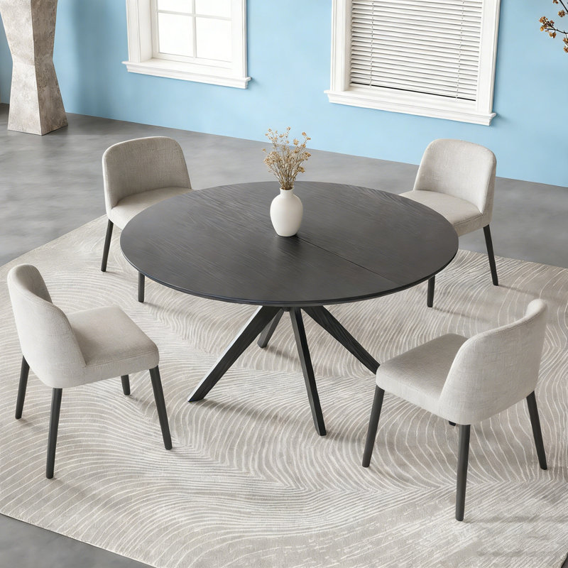 47.2" Solid Wood Round Dining Kitchen Table For 4-6 People With Intersecting Pedestal Base, Black, Black