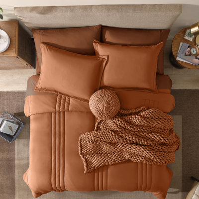 California King Size Comforter Set-7 Pieces Bed in a Bag King Bedding Sets Monbix All-Season Vertical Quilted Comforter with Sheets, Pillow Shams & Pillowcases, Burnt Orange