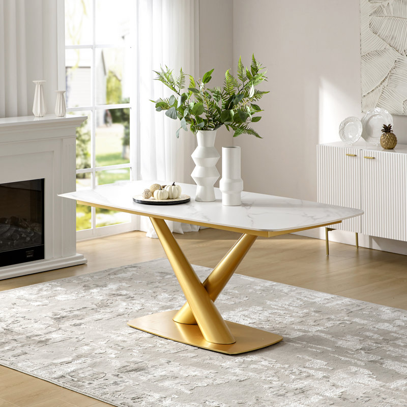Table de salle à manger rectangulaire moderne en ardoise frittée pour 8 personnes 71 po Bodkin, Blanc / Doré