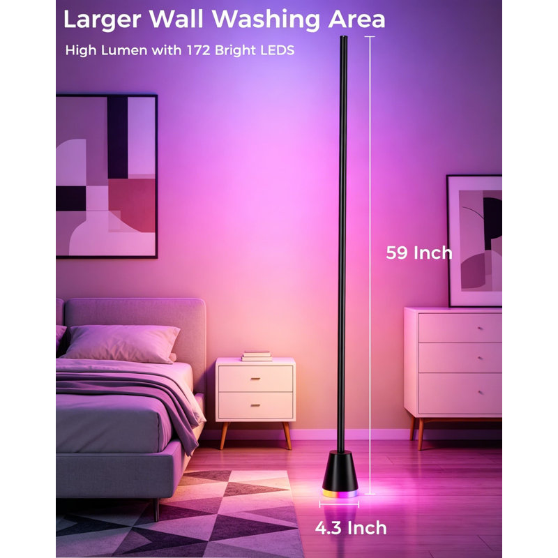 Lampe sur pied d'angle intelligente avec 344 DEL RVB, lampe sur pied de 60 po, application et télécommande, 16 millions de couleurs, synchro musicale pour la chambre à coucher, salle de jeux, décoration intérieure, éclairage ambiant moderne