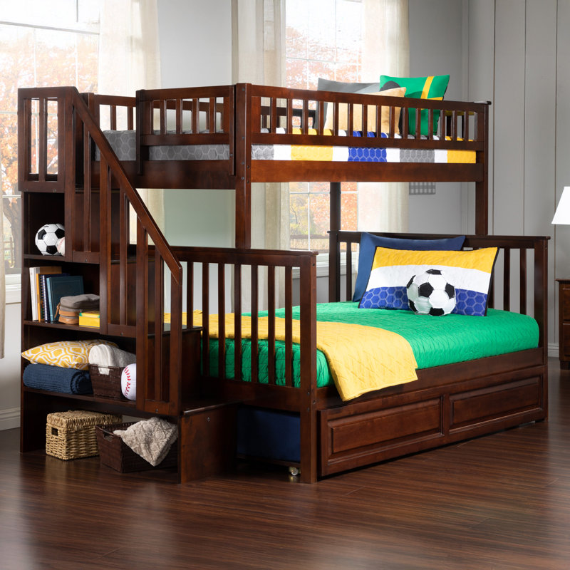Henden Solid Wood Standard Staircase Bunk Bed with Twin Roll Out Trundle, Walnut, Twin over Full