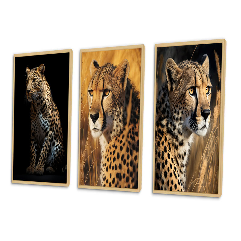 "Superbe portrait de léopard sauvage", 3 pièces sur toile, Cadre naturel flottant, H 40 po x l 60 po