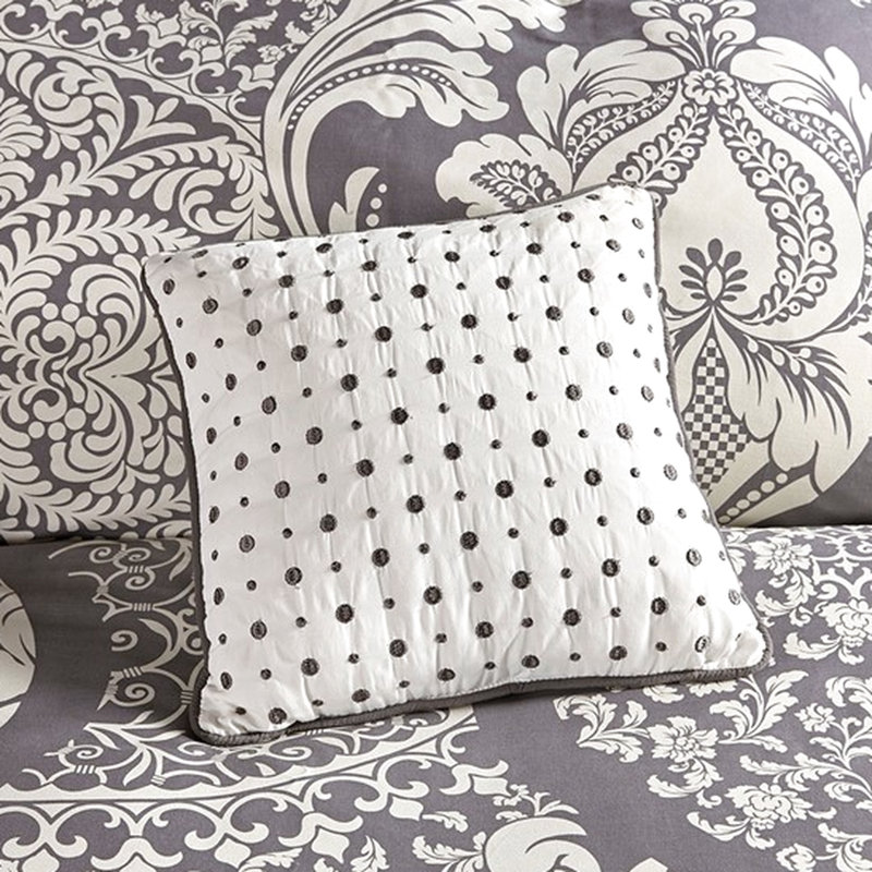 Édredon gris grand, 7 pièces, coton, rembourrage complexe, jupe de lit en coton imprimé, détails, coussins décoratifs, Gris