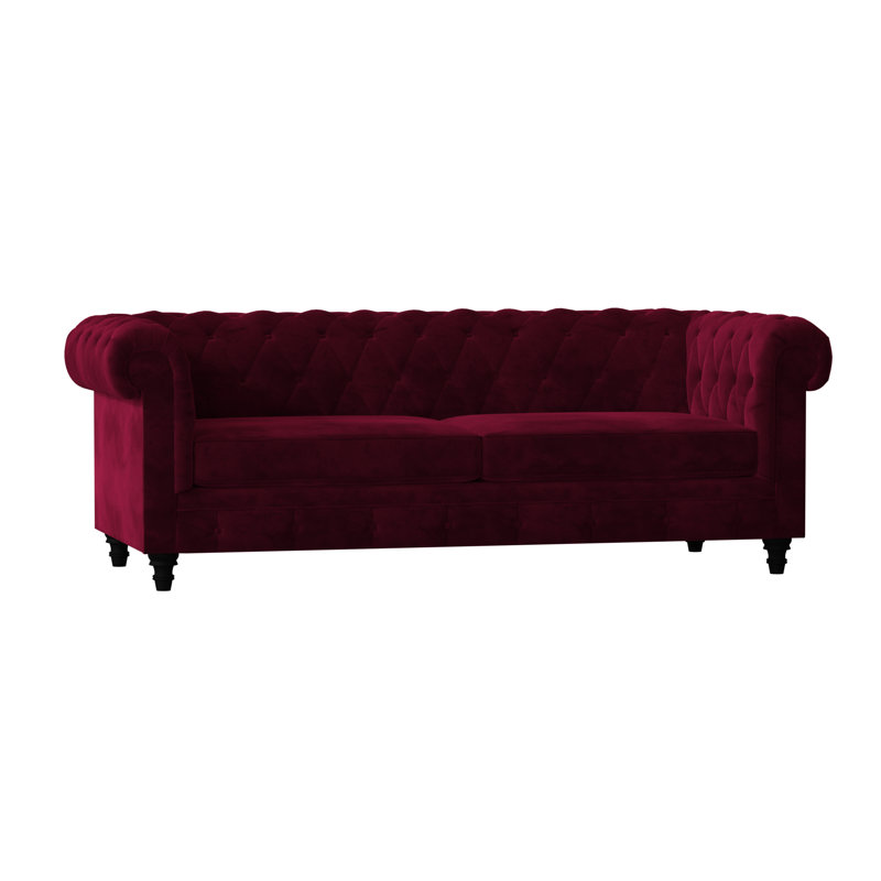 Canapé Chesterfield à accoudoirs roulés, Velours bourgogne, Standard, Naturel