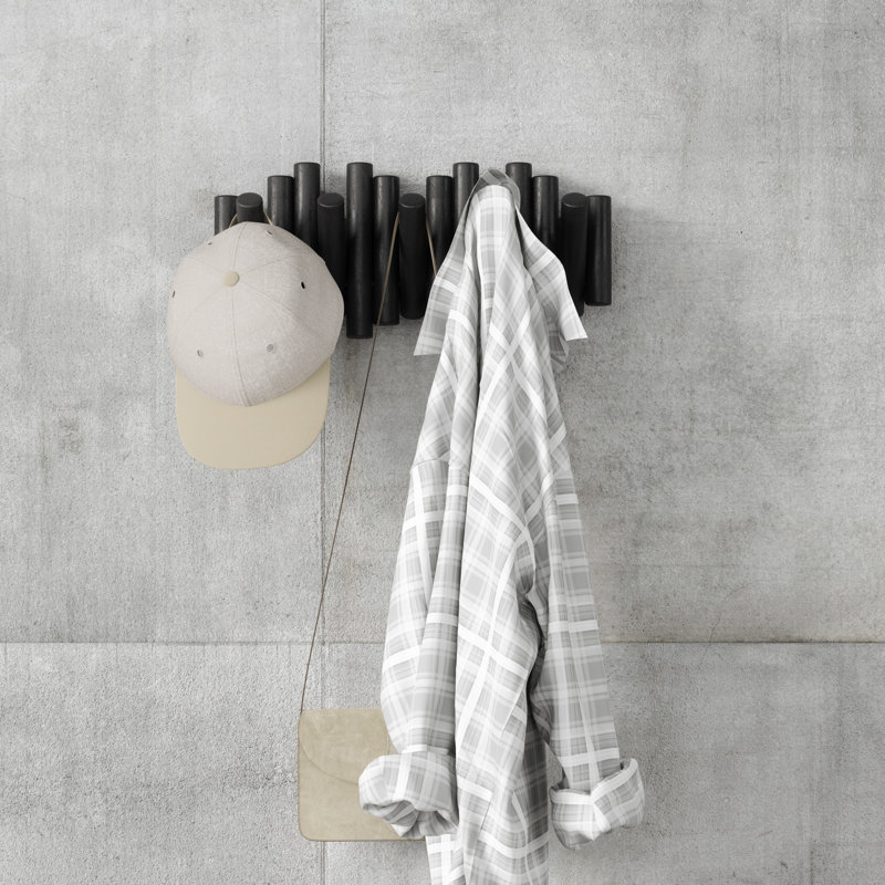 Black Pine Wood Wall-Mounted Coat Rack with 5 Hooks