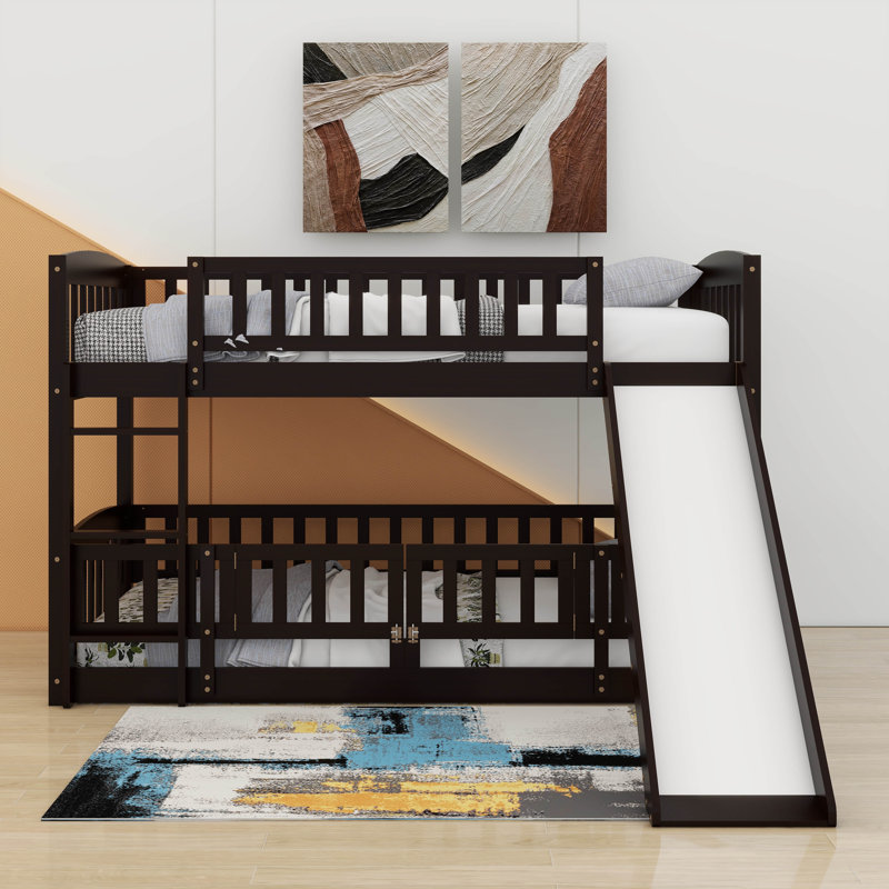 Twin Over Twin Bunk Bed With Fence,Ladder And Slide, Espresso