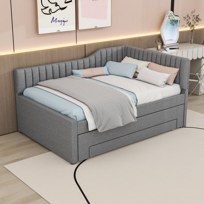 Three Drawers Upholstered Daybed with Trundle, Gray, Full/Double