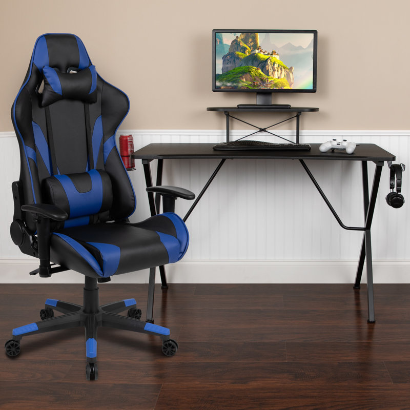 Bridesdale Gaming Desk & Chair Set with Cup Holder, Headphone Hook, and Monitor Stand, Black/Blue