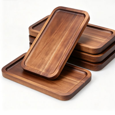Ensemble de 4 plateaux de service rectangulaires en bois d'acacia (25,4 x 14 x 1,5 cm), compatibles avec les aliments, pour la cuisine, la table basse, le petit-déjeuner, le goûter et comme plateaux de rangement décoratifs.