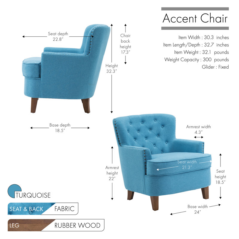 Chaise d'appoint rembourrée en tissu avec pieds en bois d'hévéa Mericul, Mélange de polyester turquoise