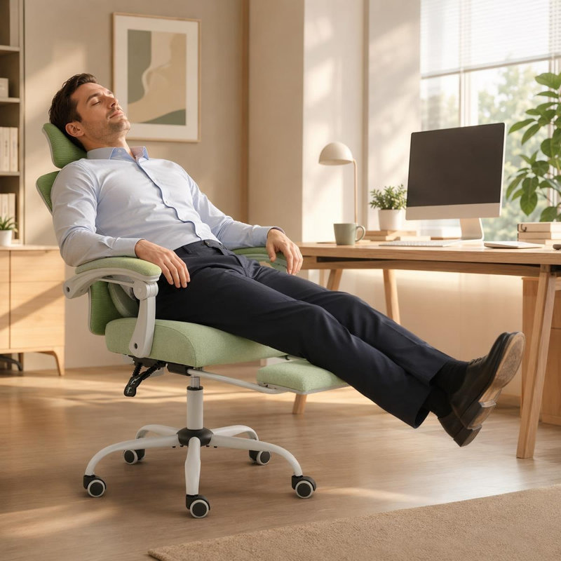 Ergonomic Mesh Office Chair with Retractable Footrest, 135° Reclining High Back Desk Chair with Adjustable Headrest, Lumbar Pillow and Soft Padded Armrests for Home Office Midday Rest