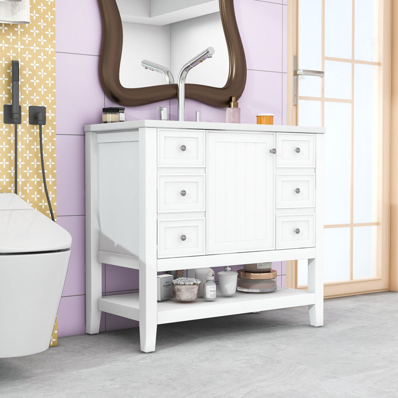 Ensemble de meuble-lavabo avec lavabo, une armoire et trois tiroirs, Blanc