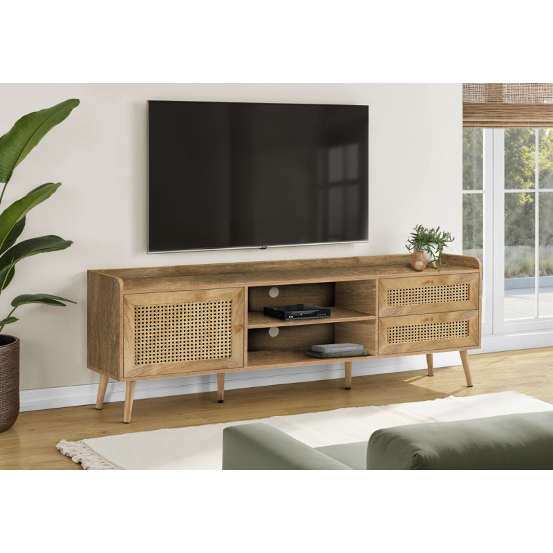 Meuble télé, meuble multimédia avec armoire de rangement, stratifié noyer avec pieds en bois